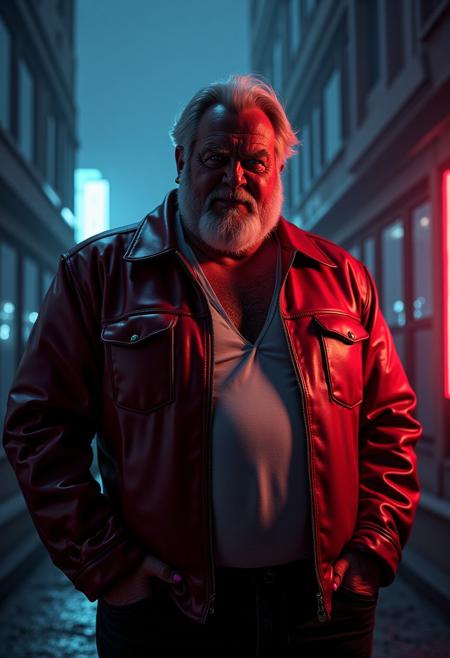 tall thin old man mutating into huge bodybuilder with gigantic muscles, gigantic muscles, fullbody shot, sharp crisp raw photograph with grain and noise, 80s synthwave style, dark night nighttime photography,  by gengoroh tagame and go fujimoto, neonlit hazy atmosphere that illuminates the character, older tall mature hairy blonde german musclechub man with a rough big chubby manly brute face and bushy eyebrows and hairy chest with dense blonde chesthair, small crooked down nose, pale blue eyes reflecting neonlight, small golden biker earring in left ear, wearing a dark red leather jacket with white v-neck tshirt underneath, dark leather pants, in dark hightech cyberpunk apartment in a futuristic brutalist megastructure, he is surrounded by a fiery electric powerful magic misty holographic aura because he has magic cybernetic fighting abilities, visual effects, vfx, very cozy intimate atmosphere, challenging arrogant smirk