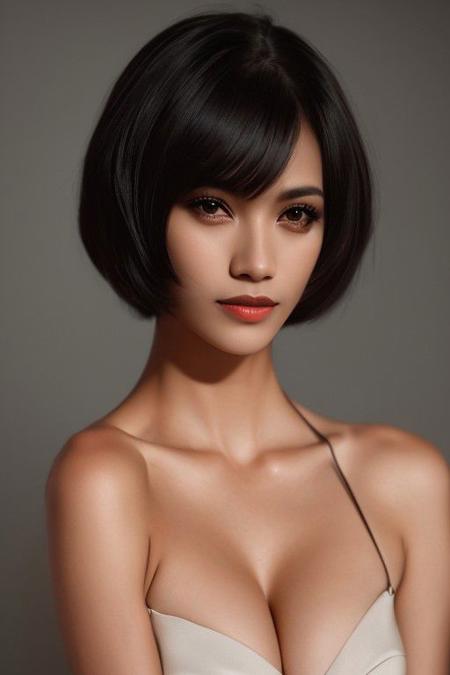 hair style bob cut hair style a cute girl, 22 years old, bob cut hair style, milfy:1.1), (best quality, high quality, photograph, hyperrealism, masterpiece, 8k:1.3), mestizo, burly, white shaggy hair, long leg, skin, dark skin, smile, (low-key lighting, dramatic shadows and subtle highlights:1.1), adding mystery and sensuality, trending on trending on artsy, concept art, (shot by helmut newton:1.1), rule of thirds, black and white, modern