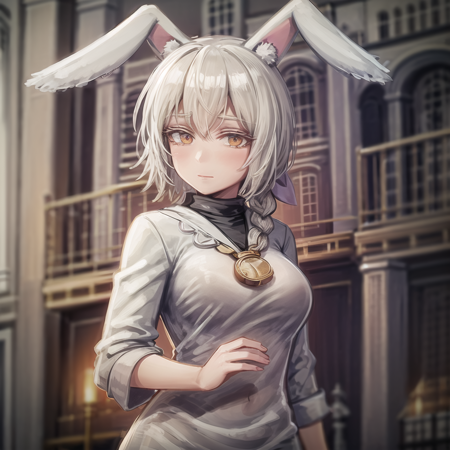 node a closeup of the lady, 1girl, solo, animal ears, braid, rabbit ears, clock amulet,