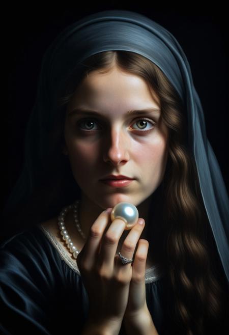 Long lost Leonardo da Vinci painting of a girl with a large pearl ring, dark black background, dramatic light, profie portrait, slight smile, enigmatic, head covered with scarf