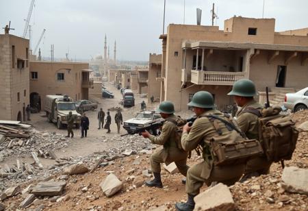 Modern, land war, scene, british soldiers, takein cover, war torn cityscape, middle east,