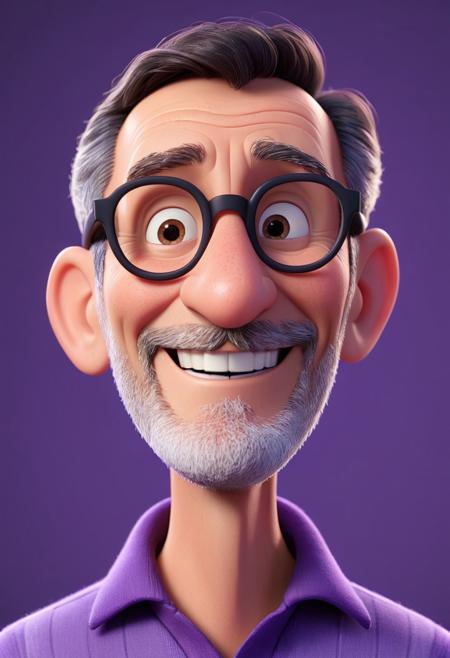 disney pixar 3d animation character of a 60yo man, smiling at viewer, purple background, dark hair, simple background, closed mouth, trimmed beard, glasses