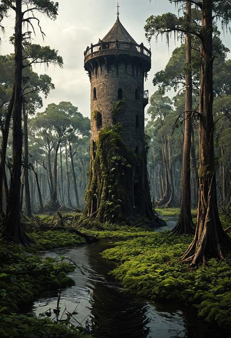 hyperrealistic art  a wanderer between worlds in flowing clothes, (epic landscape:1.5),  (style Historical drawing), (style Historical painting),best quality, masterpiece, extremely detailed,  professional  art,  professional painting, an extremely delicate and beautiful, dynamic,  great lighting, perfect shading, professional shading, depth of field,   side soft light, elegant, gorgeous, highly detailed,   full shot, uncropped,   pure genious, absolutely perfect,  highly detailed, breathtaking,
Cypress swamp with still black waters, character, stone watchtower with ivy-covered walls,forest-fire rebirth zones where glassified sand rivers flow through ash fields, colonized by obsidian-skinned rebirth spirits,  extremely high-resolution details, photographic, realism pushed to extreme, fine texture, incredibly lifelike