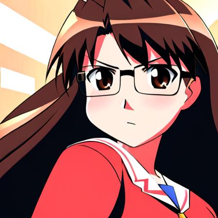 <lora:KoyomiLoRA:1>, 1girl, solo, (full body), koyomi mizuhara, black glasses, brown hair, long hair, brown eyes, looking at viewer, angry, angry expression, unhappy, school uniform, serafuku, red shirt