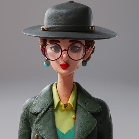 Masterpieces, of the best quality,
Clay, clay texture, polymer clay, ultra light clay, Q version, cartoon, simple background, solo, woman, hat, white background, head, whole body, round glasses, successful woman, professional woman