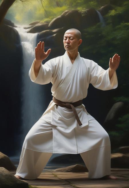 a Caucasian Zen monk practicing tai chi, eyes closed wearing a judogi, in Yang position, sunny exterior, forest and waterfall background, 16k, masterpiece, highly detailed photo-realistic oil painting by Greg Rutowski, cinematic lighting