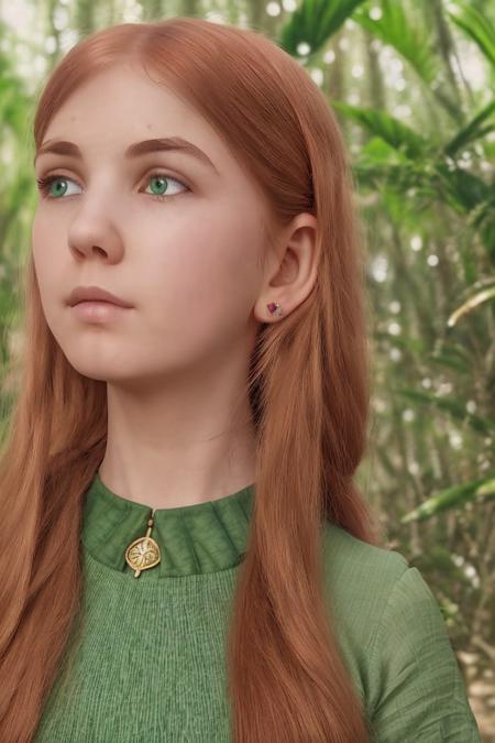 < <lora:Manya:0.9>, highly detailed background, (photo realistic:1.3), 1girl, (solo:1.3), realistic light, detailed eyes, green eyes, detailed face, long red hair gathered in two ponytails, an ornate sea-green dress, gold accessories, magical jungle  elven forest background