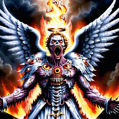 raw photo,cinematic shot,photorealistic,solo,a fleshmutant angel of destruction covered in numerous eyes and mouths descends from the heavens to consume all with holy flame,<lora:Fleshmutant_R2-000003:0.8>