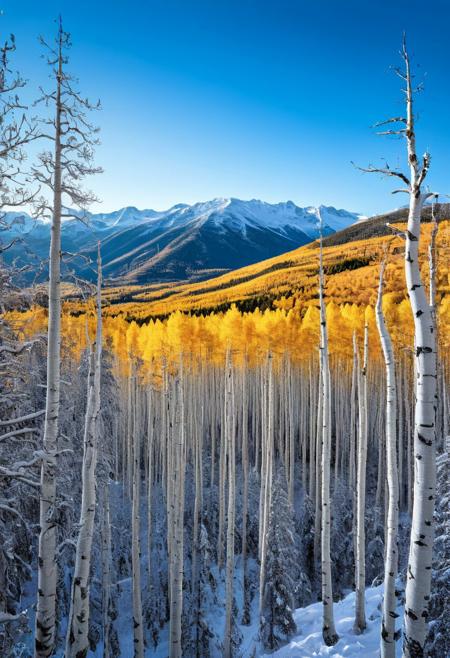 A breathtaking vista of a dense aspen grove in full autumn splendor, leaves ablaze with vibrant hues of gold, crimson, and orange. Snow capped mountains rise majestically in the distance, under a cerulean sky dotted with fluffy white clouds. 
BREAK,
masterpiece, best quality, double exposure, realistic, whimsical, fantastic, intricate detailed, maximalist style, psychedelic, photorealistic, sharp focus, harmony, serenity, tranquility, halation, cozy ambient lighting, dynamic lighting, mentixis, metix, linquivera, liiv1, award winning,