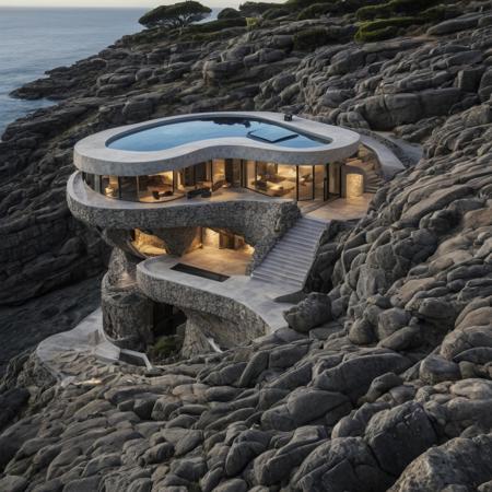 drone shot, cinematic photo of organic single story, cave house on a coastal area, rock, curvy walls, sunset shot, scenery ,stairs , parametric windows, diffused light, long exposure, super realistic, 8k, professional architecture photography, embeded on the rocks, Award-winning, form inspired by terrain contours, diffused light, long exposure, super realistic, 8k  –s 700 –q 2 –ar 16:9 realistic photo,  skylights, neutral colour pallet, sand, 32k uhd, hyperrealistic, organic windows, patios, 8k,, intricate details, masterpiece, Fujifilm XT3, insane details,sharp focus on subject