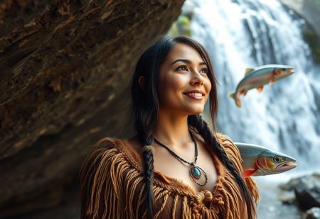 beautiful woman, peaceful, satisfied, Native American, looking out from a cave alongside a waterfall, deerskin clothes, moccasins,  large fresh salmon leaping up the waterfall side view. close up on face and chest