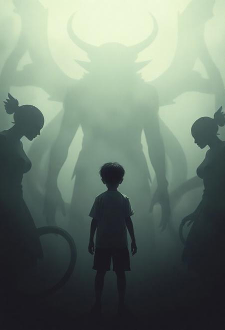 The presence of the monster mother
The hazy silhouettes of several female monsters surround the boy. Their vague postures seem to be both protective and controlling, highlighting the influence of mothers.
FHD, Rich in details, masterpiece.