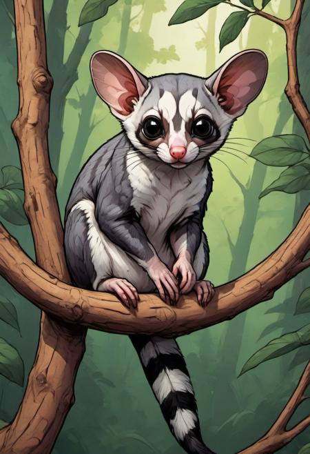 an adorable sugar glider in the upper branches of its forest