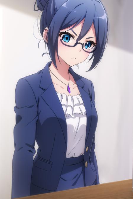 beatriceroegner, <lora:beatrice roegner s2-lora-nochekaiser:1>,
beatrice roegner, short hair, blue eyes, blue hair, glasses, hair bun, single hair bun, semi-rimless eyewear,
BREAK skirt, shirt, jewelry, collarbone, jacket, white shirt, pantyhose, necklace, blue skirt, black pantyhose, formal, single hair bun, suit, blue jacket, pencil skirt, teacher, skirt suit,
BREAK indoors, classroom,
BREAK looking at viewer,
BREAK <lyco:GoodHands-beta2:1>, (masterpiece:1.2), best quality, high resolution, unity 8k wallpaper, (illustration:0.8), (beautiful detailed eyes:1.6), extremely detailed face, perfect lighting, extremely detailed CG, (perfect hands, perfect anatomy),