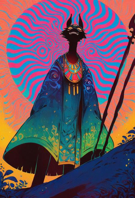score_9, score_8_up, score_7_up, Ancient Egyptian god with jackal head, anthro, dark green skin, heavy necklace, Egyptian clothes, holding up a spear in front of a churning cosmos, psychedelic occult signs and runes, exaggerated, skinny, radiating power,
from below, dutch angle, exaggerated,