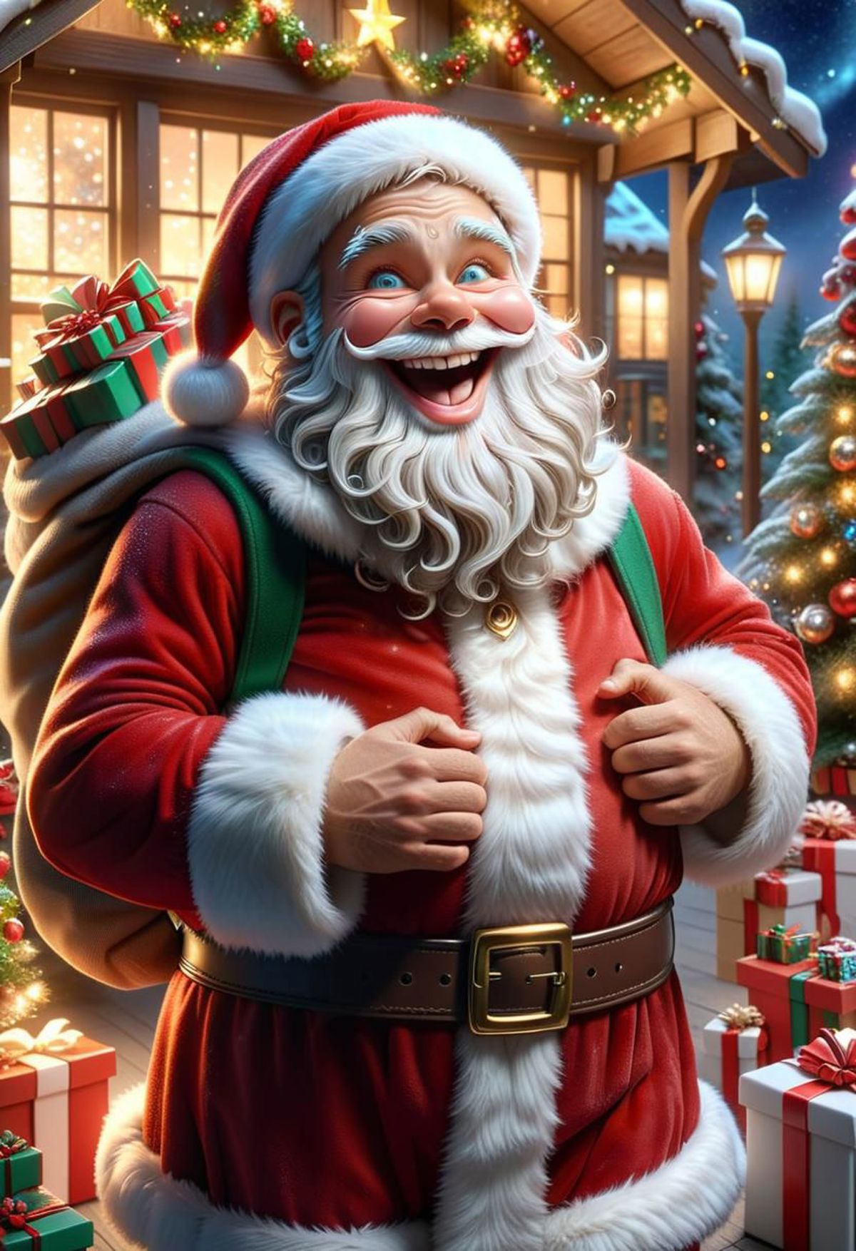 A Santa Claus figure with a sack and a big smile.