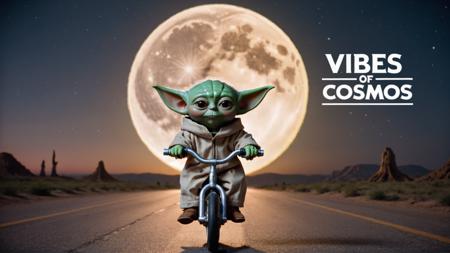 baby yoda on bike in front of moon, sign that says "vibes of cosmos" on youtube