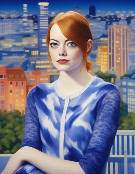 EmmaStone, art by Kay Nielsen,art by Paul Wonner, photograph, masterpiece, concept art, [Tremendous|Nervous] Festive Girl, electric indigo and tiger print background, summer cityscape, soft focus, film grain, Samsung Galaxy, 80mm,  <lora:EmmaStoneSDXL:1>