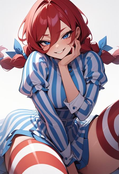 solo, 1girl, ffwendys, smirk, looking at viewer, hand on own face, twin braids, striped dress, striped sleeves, puffy sleeves, striped thighhighs, masterpiece, best quality, rating: general, newest <lora:fastfood_wendys_xl-000004:1>