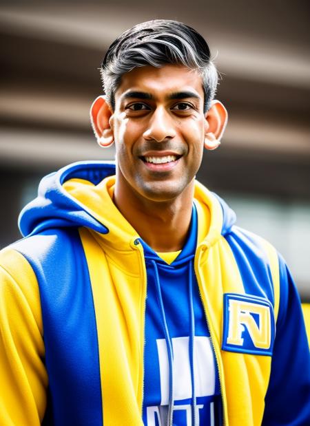 (masterpiece, best quality, awards winner) (illustration), (masterpiece), (best quality), (detailed),  close up portrait Rishi Sunak as rapper dressed in the yellow hodie and blue cap, necless, 8k, hdri, hyperelistic, ultrashrp,  <lora:sunak:1>