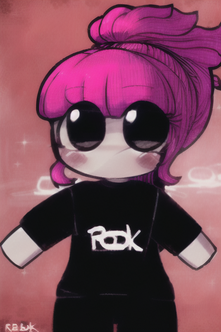 roblox guest girl, pink hair, ponytail, black outfit, black eyes