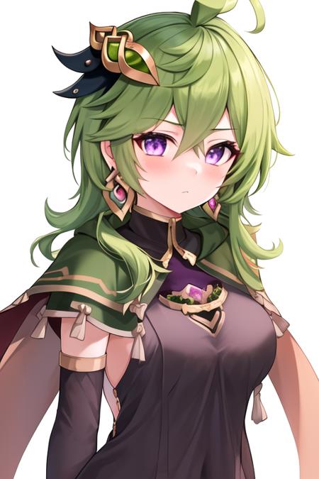 masterpiece, best quality, highres, solo, {collei_genshin:1.10}, green_hair, bangs, purple_eyes, hair_ornament, jewelry, capelet, hair_between_eyes, earrings, green_capelet, ahoge, blush, medium_hair, crossed_bangs, closed_mouth, bridal_gauntlets, long_hair, breasts, 1girl, looking_at_viewer, upper_body, simple_background, single_earring, white_background, detached_sleeves