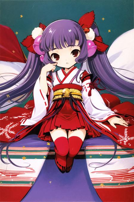 Kotoko, 1girl, solo, bell, twintails, thighhighs, japanese clothes, hair bell, hair ornament, long hair, miko, minigirl, purple hair, jingle bell, <lora:Chobits:0.9>