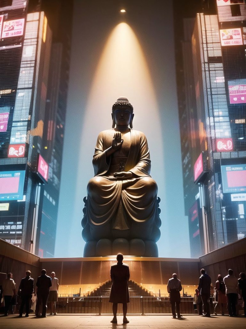 (giant tall buddha statue front meditating far away:1.2, <lora:zyd232_BuddhaStatue_v1.1:0.5>), (cyberpunk background:1.5),...