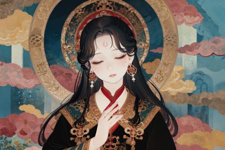 1girl, solo, jewelry, closed eyes, earrings, black hair, chinese clothes, long hair, hanfu, upper body, long sleeves, cloud, wide sleeves, flower, hair ornament, facial mark, close up