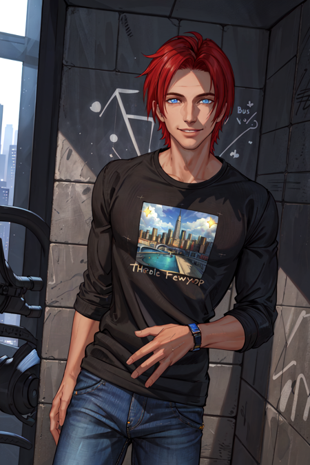 Charlie Pe'kova, ((masterpiece, best quality)), 1boy, male focus, mature male, tanned skin, tan, solo, looking at viewer, short hair, blue eyes, smile, shirt, red hair, indoors, graffiti, extremely detailed, detailed eyes, detailed face, EpicMix-TshirtJeansSetting, <lora:Charlie:0.5>