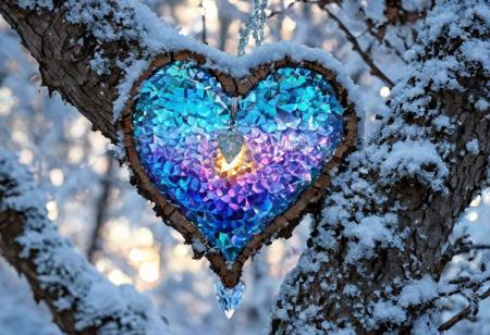 snow covered oak tree stands in the middle of the forest, 
there is a hole in the trunk of the tree with a iridescence Swarovski heart inside, 
colored light shines through the heart, 
show the icy branches hanging down, 
winter background, 
in style of Josephine Wall., 
Broken Glass effect, 
no background, 
stunning, 
something that even doesn't exist, 
mythical being, 
energy, 
molecular, 
textures, 
iridescent and luminescent scales, 
breathtaking beauty, 
pure perfection, 
divine presence, 
unforgettable, 
impressive, 
breathtaking beauty, 
Volumetric light, 
auras, 
rays, 
vivid colors reflects