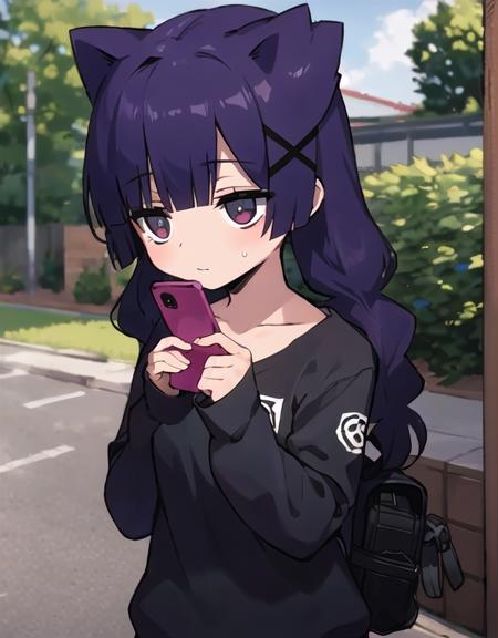 masterpiece, best quality, ultra-detail, 1girl, solo, <lora:(criminal girls) alice:0.5>, ali, hair ornament, (bags under eyes:1.1),  (white gym shirt, buruma:1.2), (short sleeves:1.1),  sweat, outdoors, (happy:0.9),   (long sleeves:-1.1), holding smartphone,  <lora:GoodHands-vanilla:1>, nice hands,