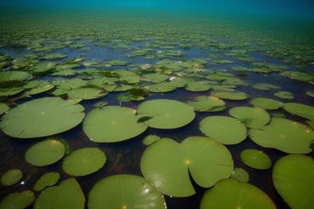 score_9, score_8_up, score_7_up, masterpiece, highest quality, Seen from halve underwater and halve above water a lily pad is flowering, under the water fish swim around the stalk and reeds sway in northwestern wind, while the water ripples from the same northwestern wind and the sun rays  produce a rainbow in the air