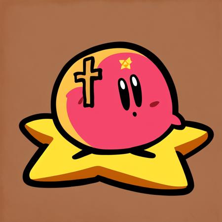 Highly detailed, High Quality, Masterpiece, Kirby, <lora:Kirby:0.8>, TerminalMontage, <lora:Style_TerminalMontage:0.9>, cross, holding cross, holding, star, on star, star \(symbol\), yellow star, no_humans, simple_background, white_background