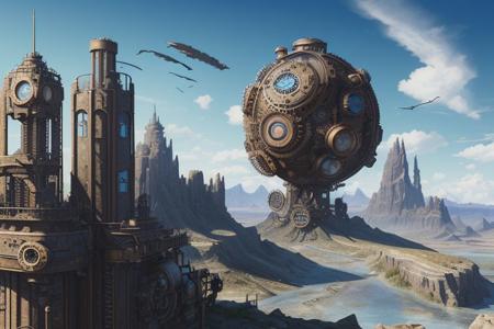 steampunk landscape, futuristic auto, HDR, maximum clarity and sharpness, multi-layered textures, bluesky background, artstyle