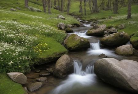 Winding stream, rocky mountainside, large boulders, green meadows, vibrant patches of spring flowers and grasses, close-up of wildflowers, delicate petals, creeping moss on rocks, dappled sun, serene atmosphere, waterfall,  
Intense lighting, bright and evenly lit scene, soft and diffused light, soft and airy tones, joyful and uplifting ambiance, very realistic high-resolution photography