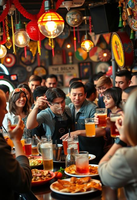 "A fun scene in a bustling bar with a lively atmosphere, colorful decorations and a diverse crowd. A young dark-haired bartender is overwhelmed, juggling several drink orders while spilling some drinks. Customers laugh and chat loudly , with a jukebox. A multitude of tapas and food, in Spain