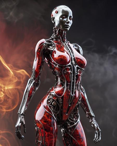 beautiful bioengineered creature with semi-transparent shiny skin, (detailed cybernetic implants fused with organic matter:0.5), (full body:1.8), sharp focus, (smoky background with intensely vibrant swirling colors:1.9), chrome, scarlet, obsidian, full body, realistic photo