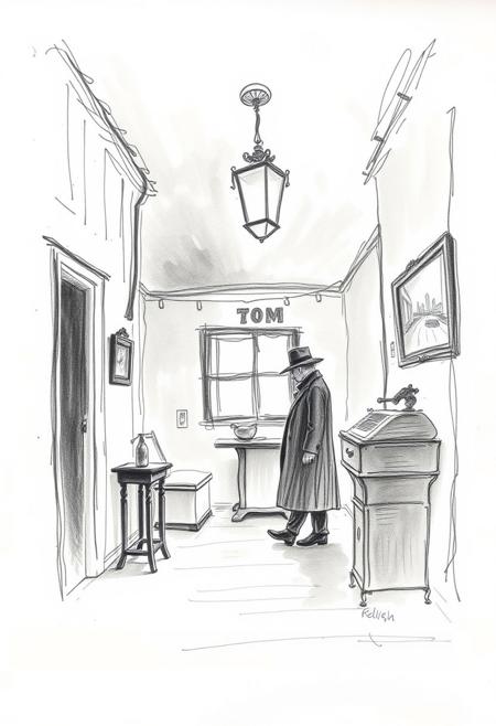 A hand-drawn sketch of a noir-style detective scene, post-impressionism style, muted tones, serene interiors, simple compositions, contemplative atmosphere, soft brushwork, gentle light contrasts, rural charm, quiet narratives, early 20th-century style, rough lines, textured pencil strokes, white background, blurred bokeh effect, thick fog.