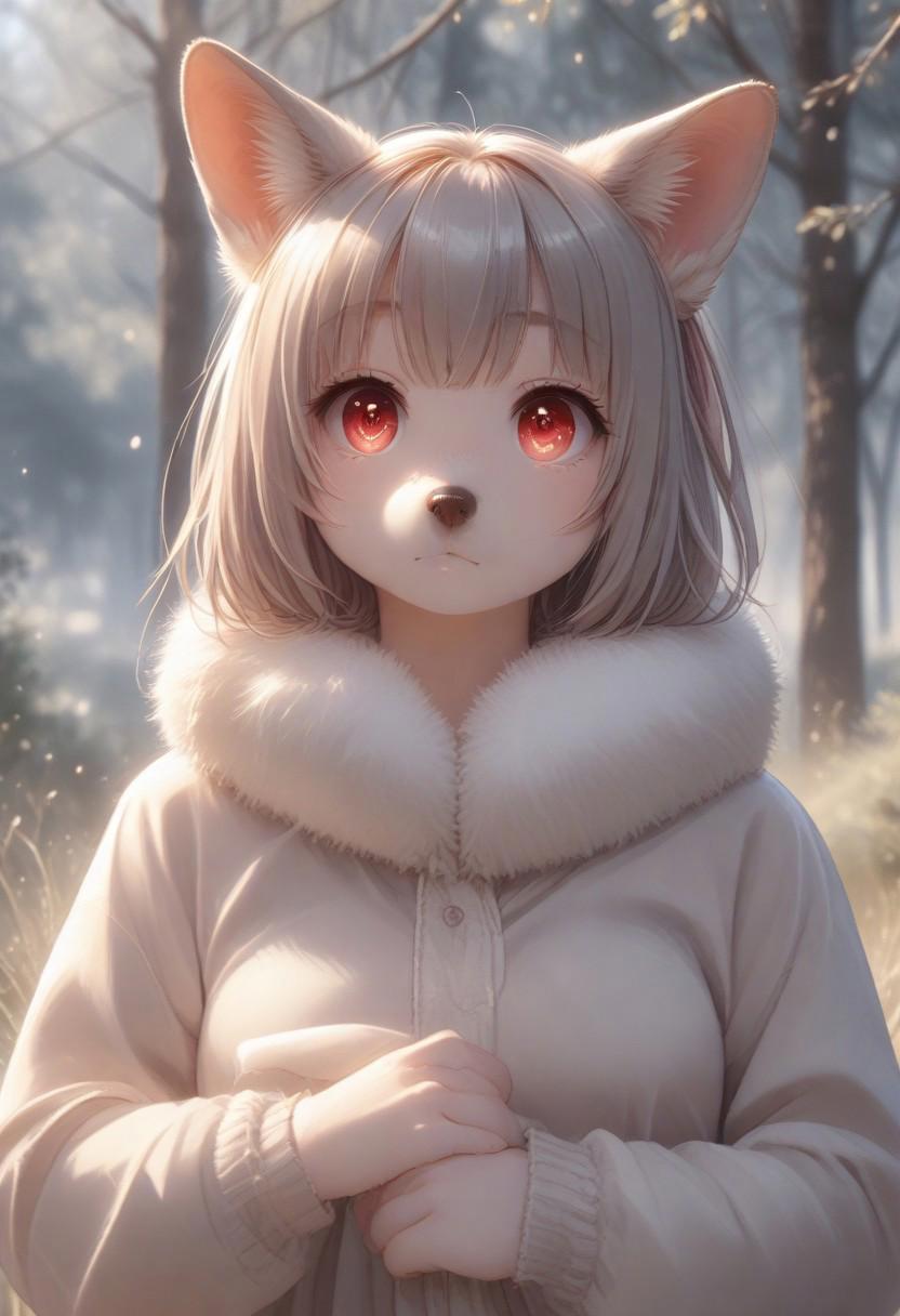 score_9, score_8_up, score_7_up, Aya_P, scenery, source_furry, (big breasts:0.5). (mature woman:1.1), fur skin, fur animal, furry, furry Dog, white and gray fur, white belly, red eyes, Dog ears, long ears Dog, (detailed eyes, Eyes in high definition, eyes with a lot of detail), (split eyes) ,(best quality:1.4), Round eyes, anime eyes