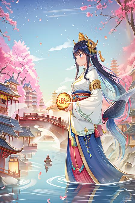 masterpiece,best quality,guochao\(style\), 1girl, east asian architecture, architecture, long hair, lantern, petals, water, sky, paper lantern, cherry blossoms, black hair, very long hair, tree, cloud, outdoors, flower, bridge, blue eyes, solo, building, fish, long sleeves, oversized animal, day, animal, ripples, shawl, dragon, sash, scenery, eastern dragon, pagoda, blue sky, standing, reflection, wide sleeves, hair ornament, floating hair, dress <lora:guochao-000006:0.7>,