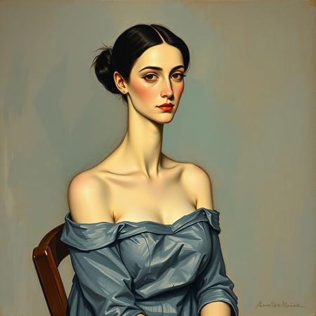 A detailed oil painting-style portrait of Jeanne Hébuterne by Amedeo Modigliani, featuring her signature elongated neck and face. She is seated gracefully, wearing a simple garment that exposes her shoulders, conveying a sense of elegance and vulnerability. The background is a muted, textured shade to emphasize her figure and the artist's characteristic style. The composition reflects the subtle melancholy and intimacy typical of Modigliani's works.