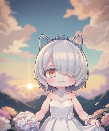 masterpiece, best quality, <lora:CharWestia768V6:0.7>, 1girl, charwestia, short hair, white hair, hair over one eye, tiara, yellow eyes, upper body, sunset, sun, clouds, sky, white dress, wedding dress, smile, sunlight, flowers, <lora:GT640V1:0.7>, chibi