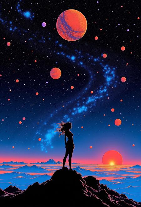 Spectacular masterpiece illustration, beautiful silhouette of a woman, stars, planets, liquid