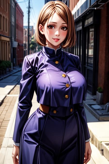 best quality, masterprice, 1girl, (solo:1.1), raytracing, ultra detailed,detailed face, 8k wallpaper, large breasts, smile, wide hips, <lora:more_details:1.1>,  <lora:NobaraNDV:0.7>, NobaraNDV, brown hair, brown eyes, jujuntsu uniform, standing, outdoor, street, detailed background, (ultra detailed:1.2)