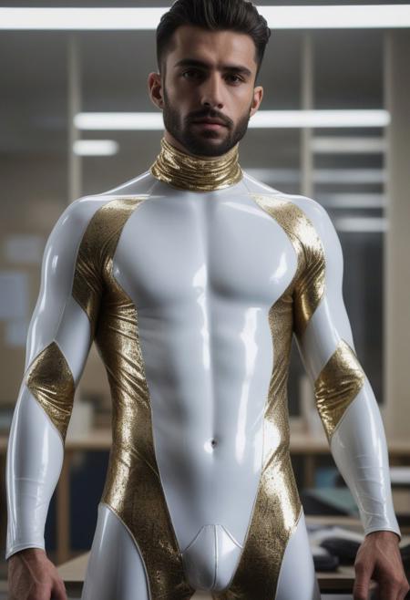 two slim 25-year-old italian males, with a short curtains haircut, detailed face, confused expressions, wearing a skin tight white transparent latex cybernetic suits with light-gray, silver and gold latex details, wearing skin tight transparent white latex jockstraps over his transparent  latex suits, standing at attention posture,  on a modern university classroom, looking to the camera, detailed face, Cinematic, Photoshoot, Shot on 25mm lens, Depth of Field, Tilt Blur, Shutter Speed 1/1000, F/22, White Balance, 32k, Super-Resolution, Pro Photo RGB, Half rear Lighting, Backlight, Dramatic Lighting, Incandescent, Soft Lighting, Volumetric, Conte-Jour, Global Illumination, Screen Space Global Illumination, Scattering, Shadows, Rough, Shimmering, Lumen Reflections, Screen Space Reflections, Diffraction Grading, Chromatic Aberration, GB Displacement, Scan Lines, Ambient Occlusion, Anti-Aliasing, FKAA, TXAA, RTX, SSAO, OpenGL-Shader s, Post Processing, Post-Production, Cell Shading, Tone Mapping, CGI, VFX, SFX, insanely detailed and intricate, hyper maximalist, elegant, dynamic pose, photography, volumetric, ultra-detailed, intricate details, super detailed, ambient