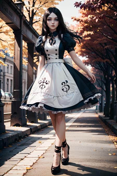 (masterpiece, highres, best quality:1.2)
 <lora:AliceMadness:0.8>
AliceMadness, 1girl, solo, long hair, black hair, dress, full body, city street, afternoon, warm and vibrant sunlight , horror \(theme\)