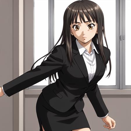 MaiMorisaki,1girl,black hair,long hair,brown eyes, business_suit,jacket, black skirt, pantyhose,