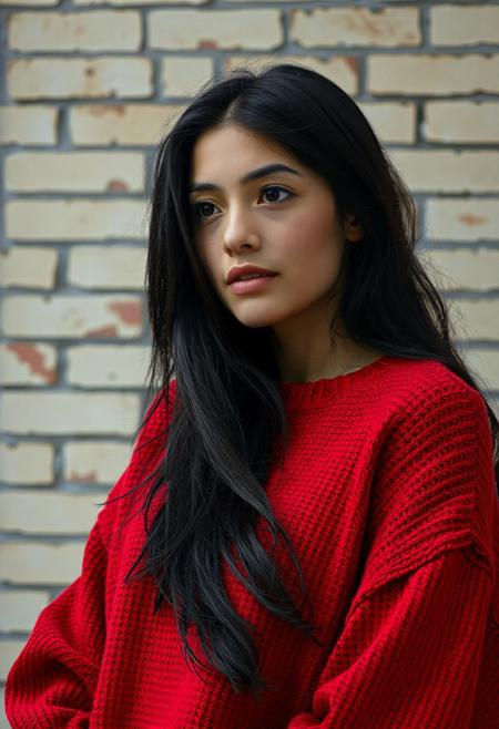 Create a photorealistic image depicting a young woman with long, flowing black hair. Her hair should have a slightly tousled and natural appearance, cascading over her shoulders and down her back. She is wearing a vibrant, solid red, oversized knit sweater with a crew neck. The sweater should appear soft and cozy, with visible texture in the knit. The lighting should be soft and diffused, avoiding harsh shadows, suggesting an overcast day or indoor lighting near a window. Her skin tone appears fair with a subtle, natural complexion. Her gaze is directed slightly off-camera to her right, with a contemplative or slightly surprised expression. Her lips are full and naturally shaped. The background should consist of a textured, light-colored brick wall with variations in tone and some subtle weathering or discoloration to add realism. The bricks should be arranged in a standard running bond pattern. The overall mood should be slightly melancholic yet serene, emphasizing the woman's natural beauty and the simplicity of her attire against the urban backdrop. Ensure the focus is sharp on the woman, with a shallow depth of field subtly blurring the background to draw attention to her. Pay close attention to the details of her hair, the texture of the sweater, and the subtle nuances of her facial expression to create a compelling and lifelike image.