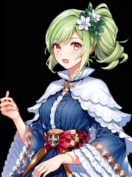 ujou,green hair, one side up, hair ornament, blue dress, long skirt, wide sleeves, long sleeves,white capelet,